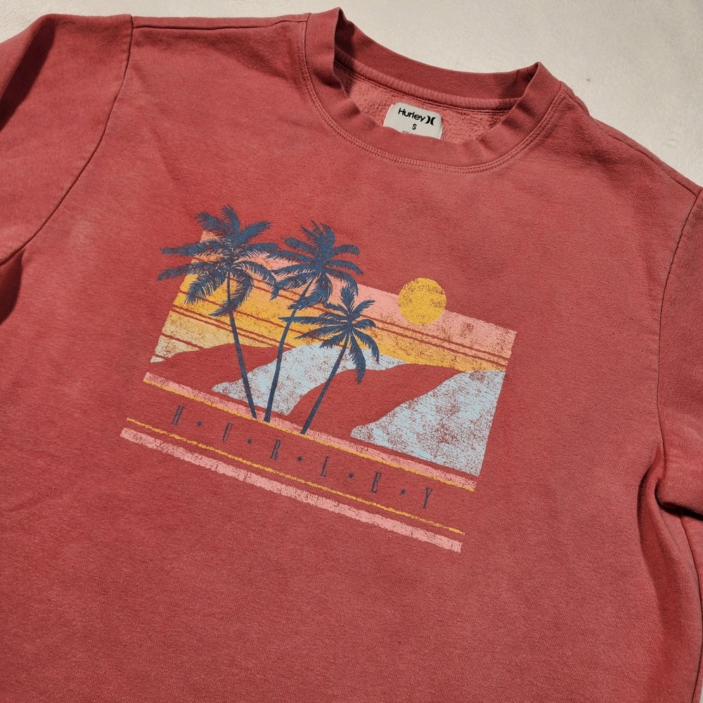 Hurley Womens Small Red Coral Palm Tree Sunset Graphic Crewneck Sweatshirt